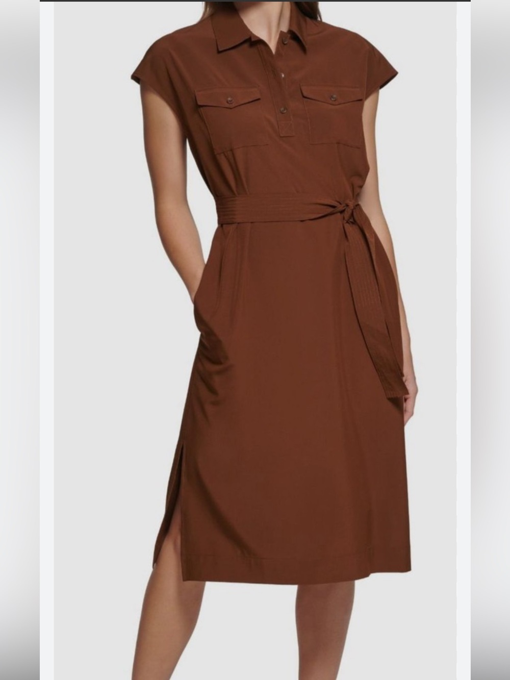 Calvin Klein Chest-Pocket Midi Shirt Dress in Rich Browne Tie Waist 🆕